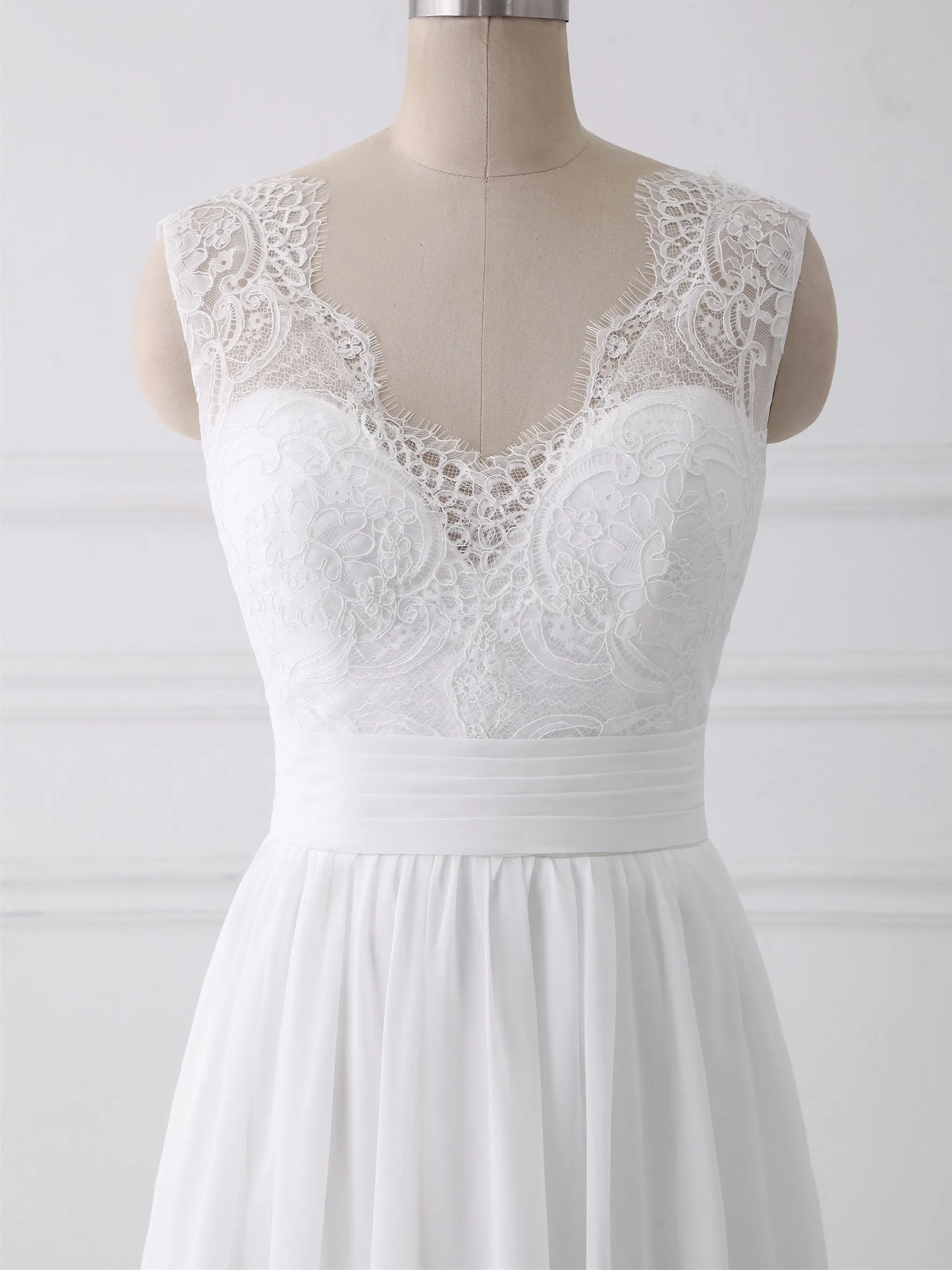 A-line V-neck Sweep Train Chiffon Lace Wedding Dresses With Bows SWD035