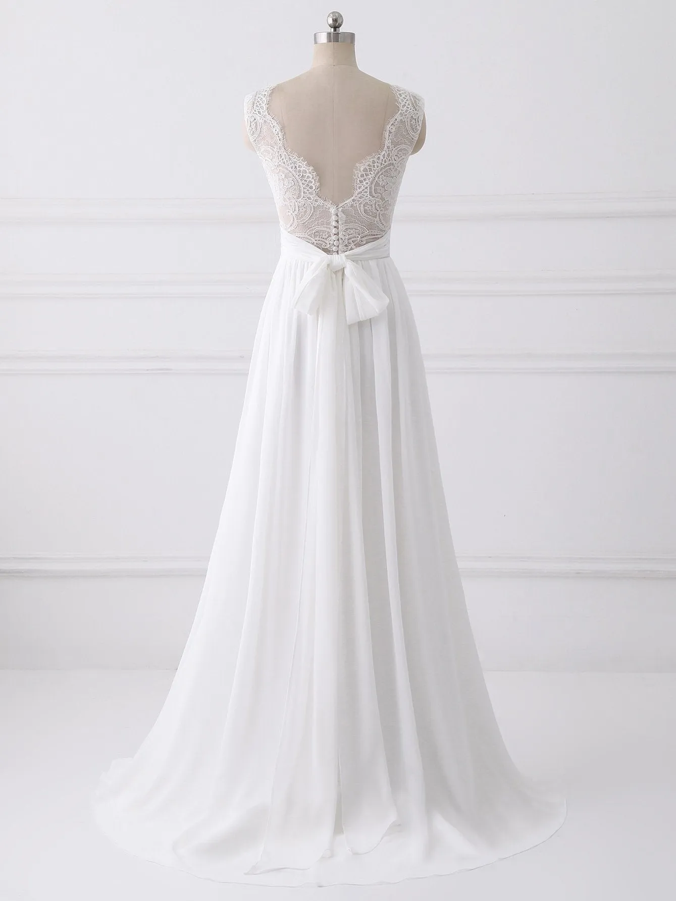 A-line V-neck Sweep Train Chiffon Lace Wedding Dresses With Bows SWD035