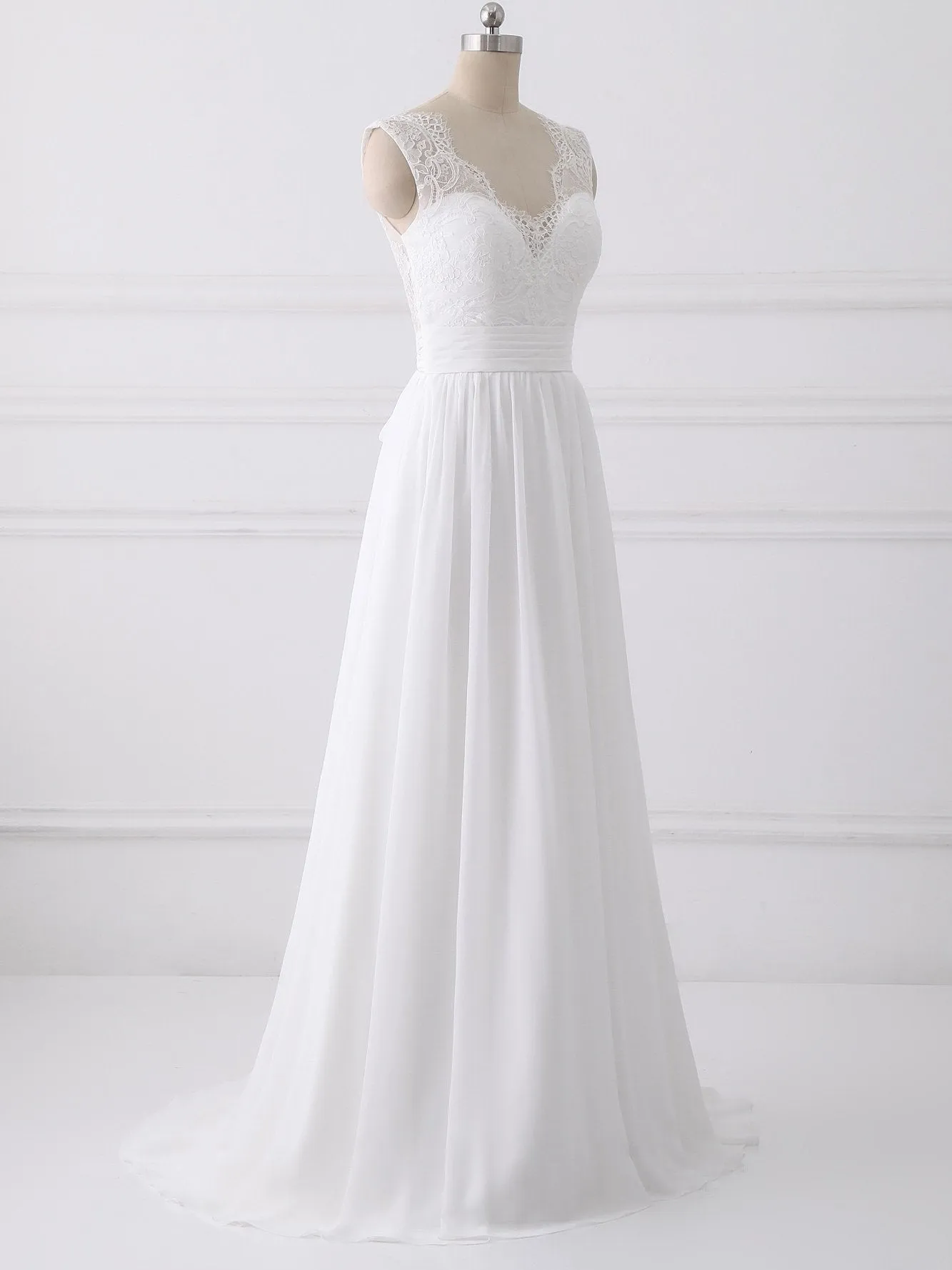 A-line V-neck Sweep Train Chiffon Lace Wedding Dresses With Bows SWD035