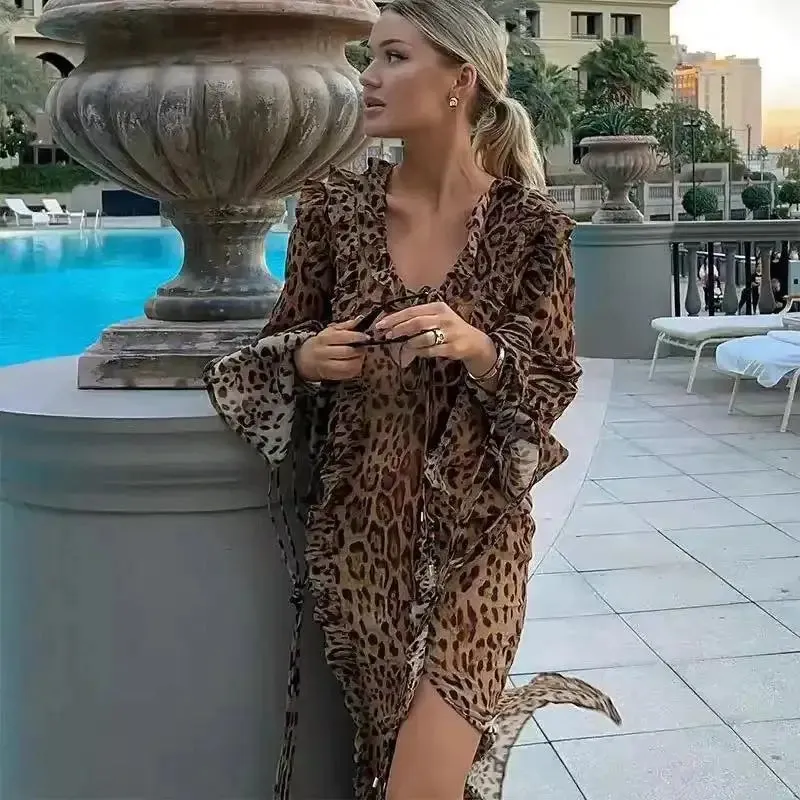 Leopard Print Ruffle Split Lace Up V Neck Long Sleeve Boho Dress for Women