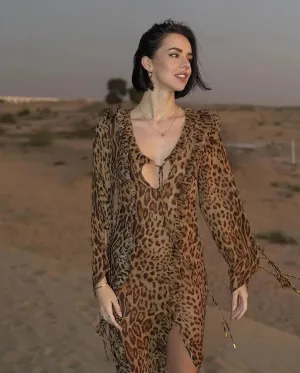 Leopard Print Ruffle Split Lace Up V Neck Long Sleeve Boho Dress for Women