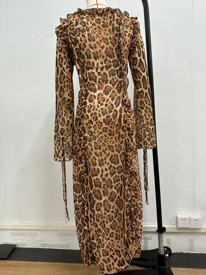 Leopard Print Ruffle Split Lace Up V Neck Long Sleeve Boho Dress for Women