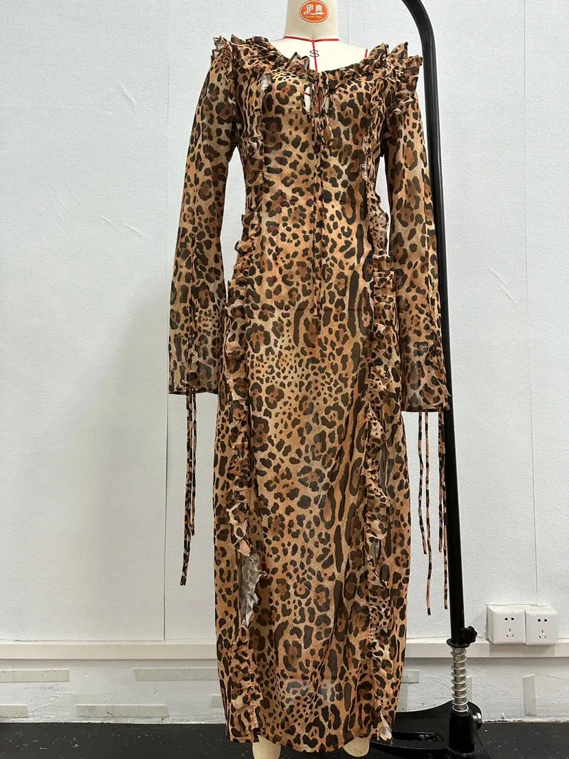 Leopard Print Ruffle Split Lace Up V Neck Long Sleeve Boho Dress for Women