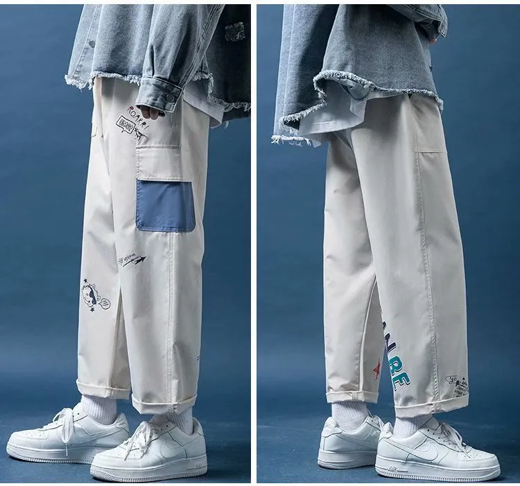 Pants Men Thin Korean Trendy Loose Straight Casual Long Cartoon Cargo Pants