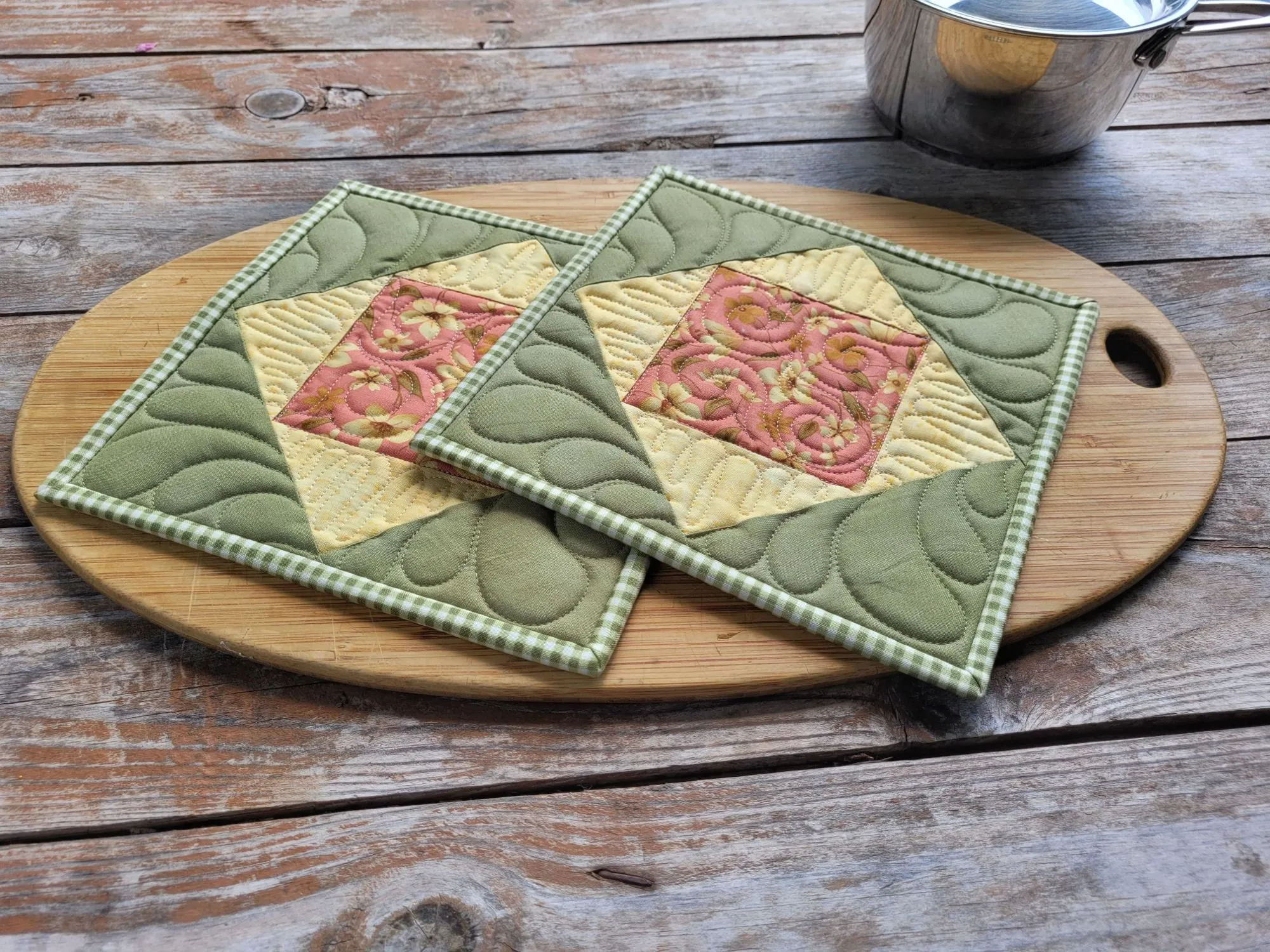 Quilted Potholders in Green and Yellow Floral Prints
