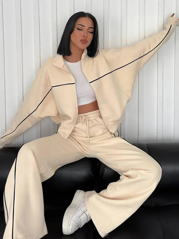 Zipper Cardigan Sweater and Lace-Up Striped Pants Two-Piece Set